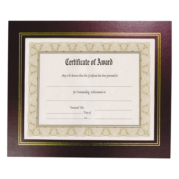 A burgundy leatherette document frame with a certificate of award with a gold border.
