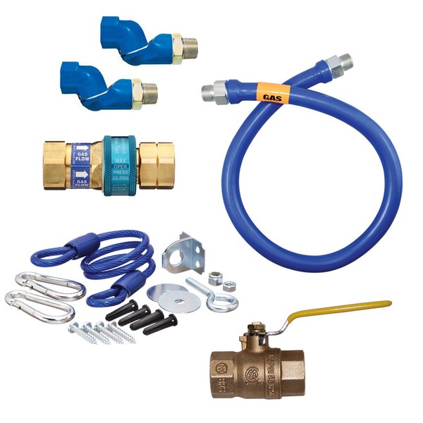 A blue Dormont gas connector kit with hose and swivels.