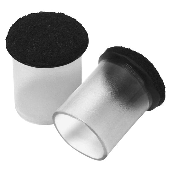 Two white plastic containers with black caps over white background.