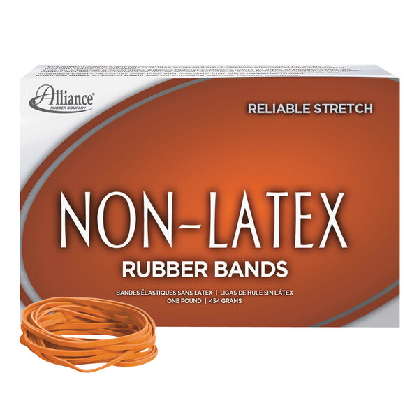A box of Alliance non-latex rubber bands with white packaging.
