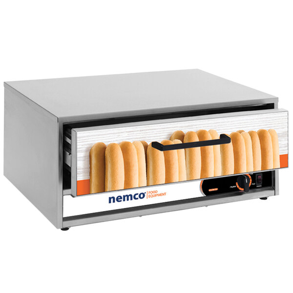 A Nemco 8045N-BW hot dog bun warmer with a drawer full of hot dog buns.
