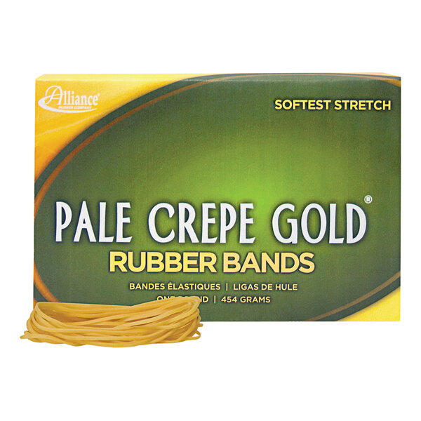 A box of Alliance Pale Crepe Gold rubber bands.