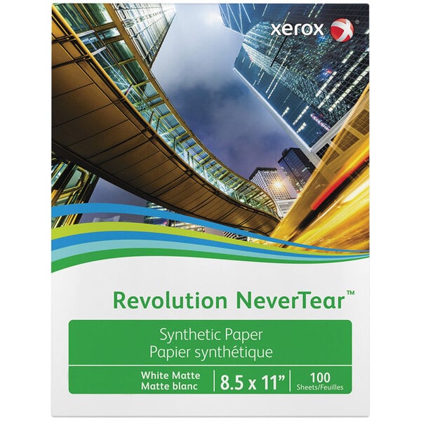 A white package of Xerox Revolution NeverTear paper with green and black text.