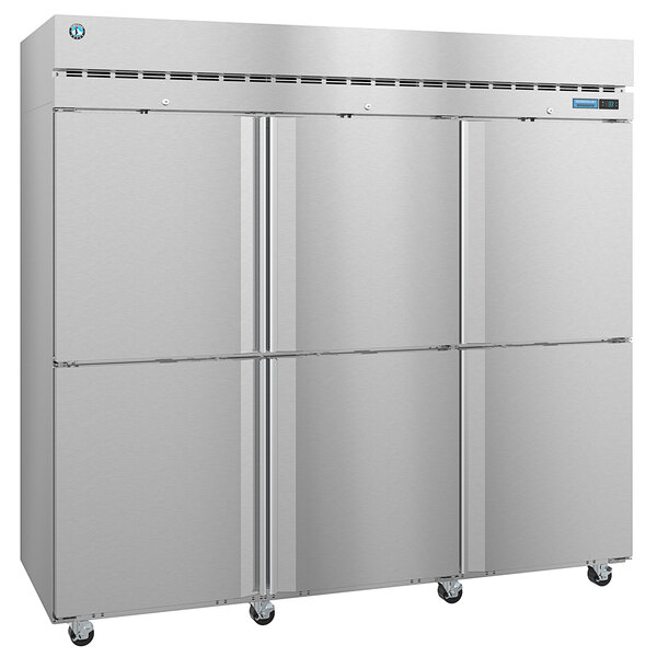 A stainless steel Hoshizaki reach-in refrigerator with half solid doors.
