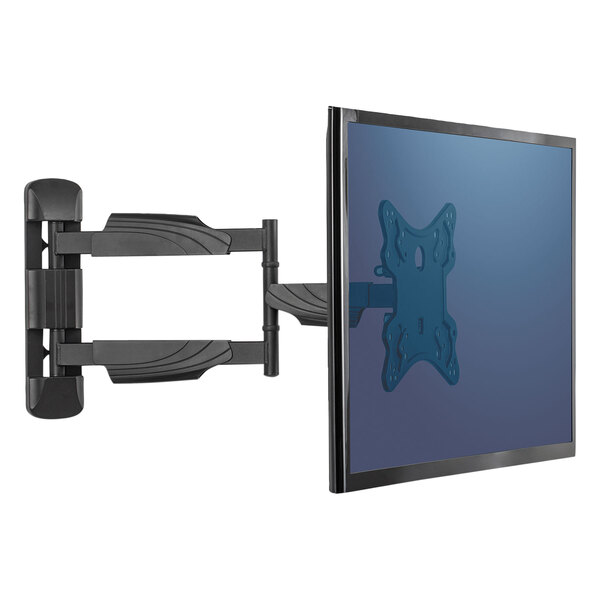 A black plastic Fellowes Full Motion TV Wall Mount with blue holes.