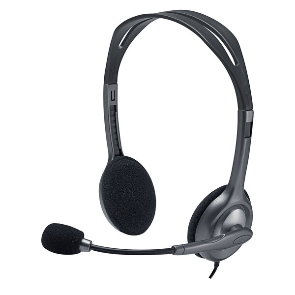 A close-up of a Logitech black and silver stereo headset with a microphone.