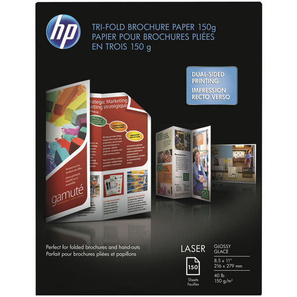 A close-up of a box of HP Inc. Glossy White Tri-Fold Brochure Laser Paper with white background.