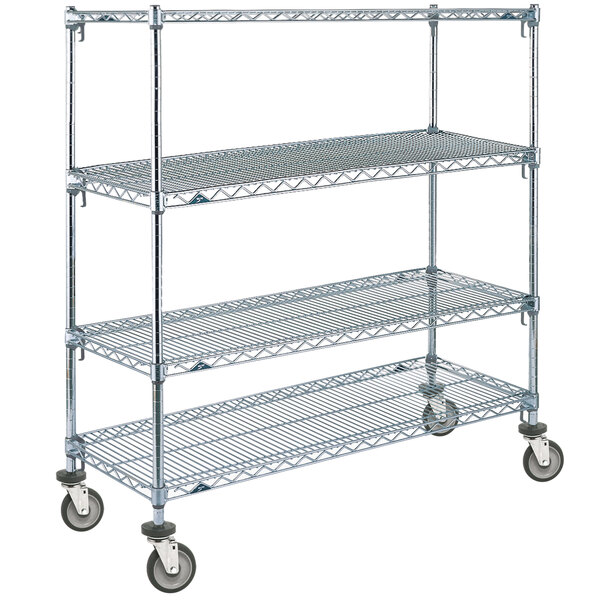 A chrome Metro 4 tier wire shelving unit with wheels.