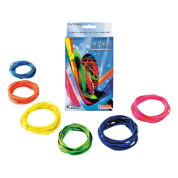 A box of Alliance rubber bands in blue, green, and yellow.
