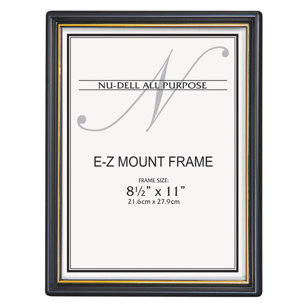 A black plastic document frame with gold trim.