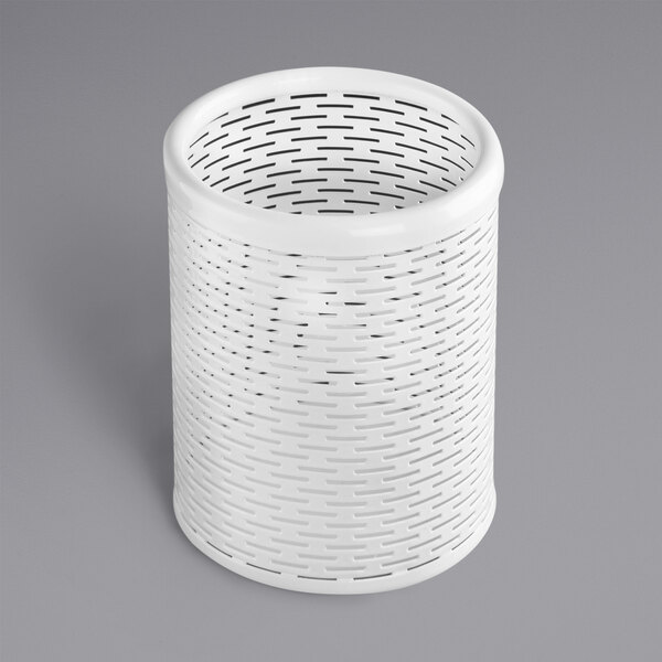 A white punched metal pencil cup with a handle.