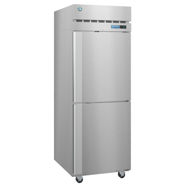 A silver Hoshizaki reach-in freezer with a handle on wheels.