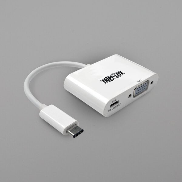 A white Tripp Lite USB-C to VGA adapter with a cable and plug.