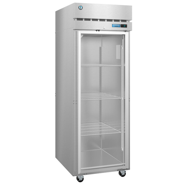 A stainless steel Hoshizaki reach-in freezer with glass doors on wheels.