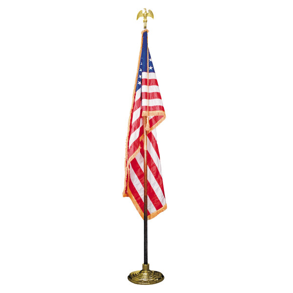 An Advantus U.S.A. flag on an oak pole with a gold eagle topper.