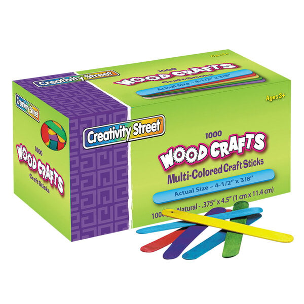 A box of multi-colored Creativity Street wood craft sticks.
