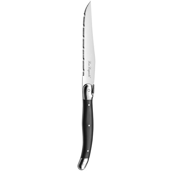 A Lou Laguiole steak knife with a dark grey handle and stainless steel blade.