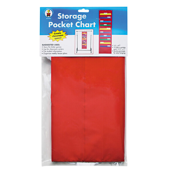 A package for a red Carson Dellosa storage pocket chart with a red bag.