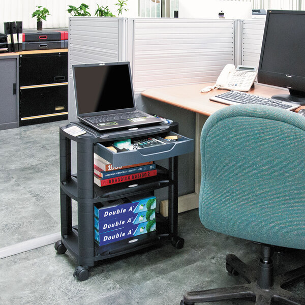 A black Alera 3-in-1 storage cart with a laptop on it in an office.