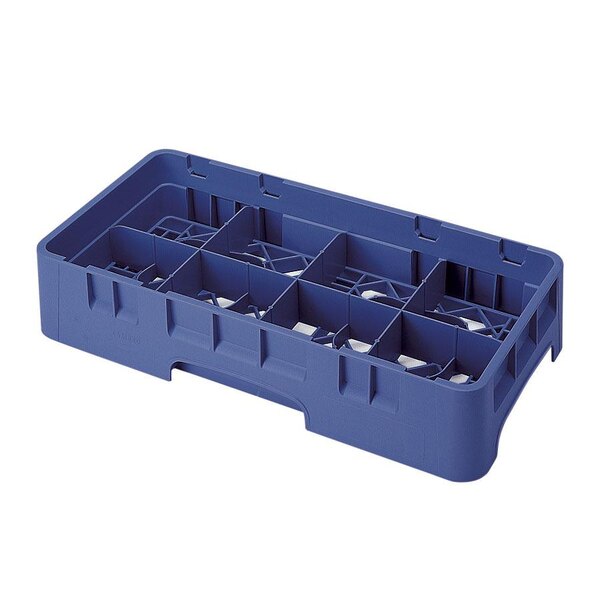 A navy blue plastic Cambro glass rack with 8 compartments and 5 extenders.