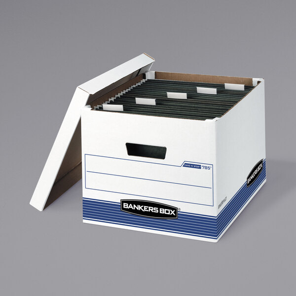 A white Banker's Box storage box with a blue and white stripe on the lid.