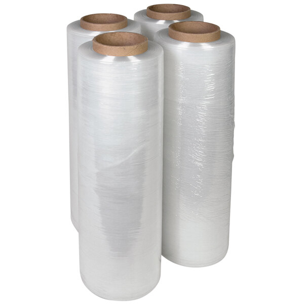A group of Universal clear plastic stretch wrap rolls.