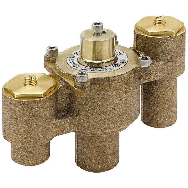 A T&S brass thermostatic water valve with brass nuts.