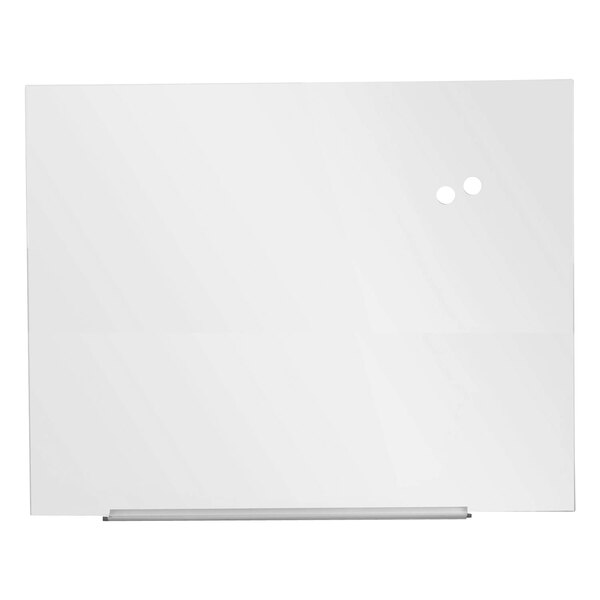 A Universal white frameless glass whiteboard with two holes in it.
