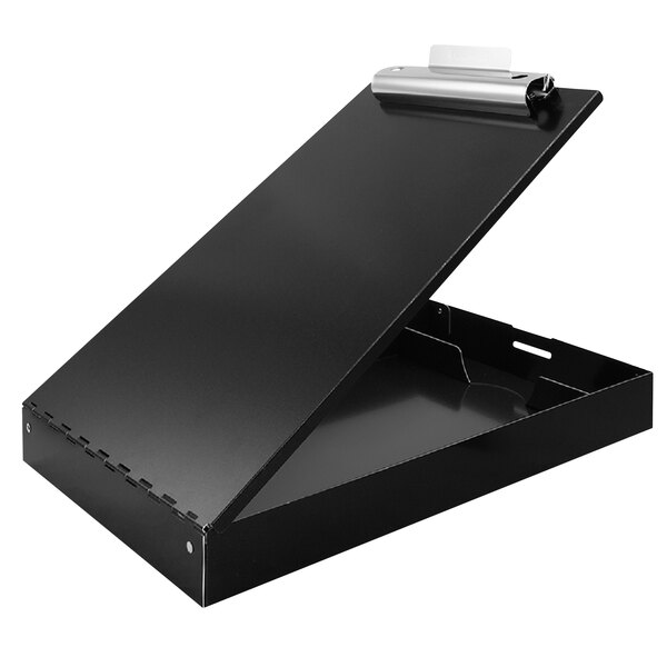 A black Saunders aluminum storage clipboard with a metal clip.