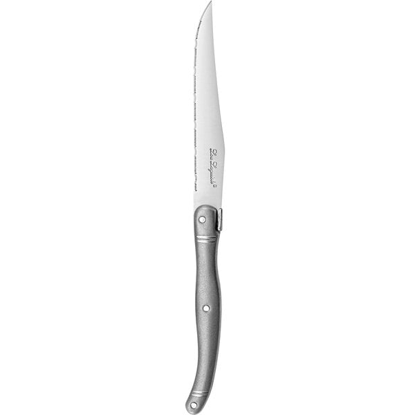 A Lou Laguiole stainless steel steak knife with a silver handle.