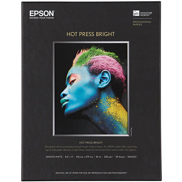 A black box of Epson Hot Press Bright white fine art paper with a picture of a woman with colorful hair.