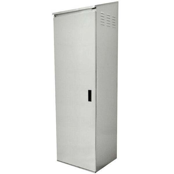 A stainless steel metal cabinet with a door on it.