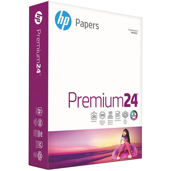 A white box of HP Inc. Premium 24lb Ultra White paper with purple text and a picture of a girl.