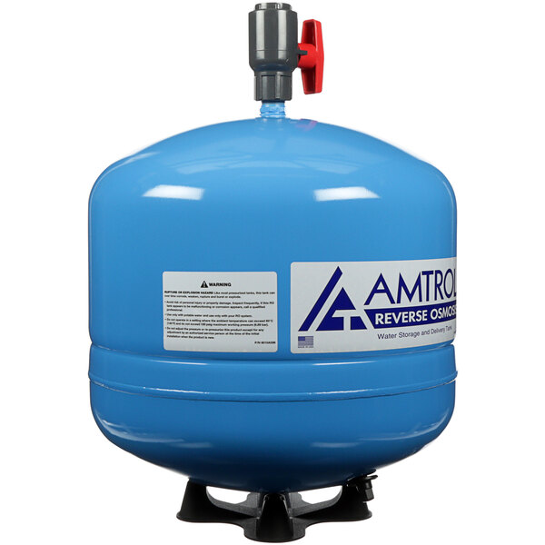 A blue 3M reverse osmosis water storage tank with a red valve.
