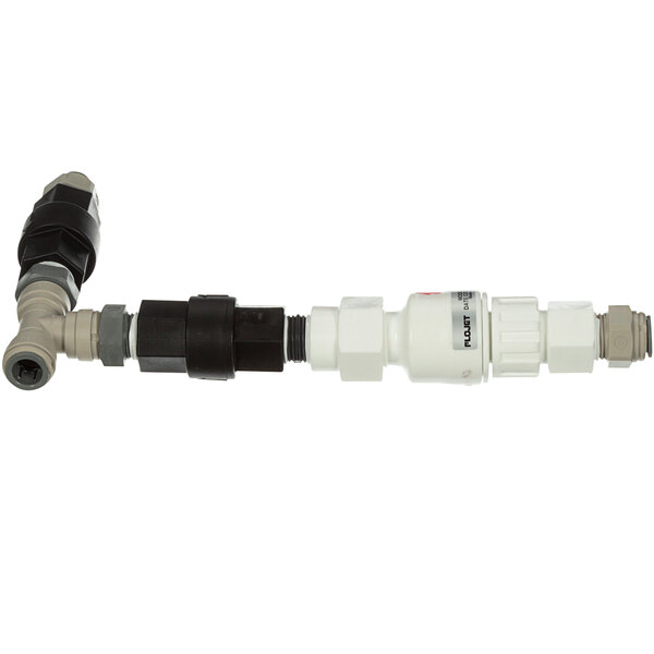 A white and black plastic pipe with a black connector.
