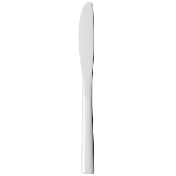A Libbey stainless steel entree knife with a white handle on a white background.