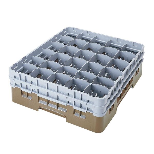 A beige plastic Cambro glass rack with many compartments.