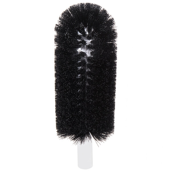 A black round brush with a white handle.