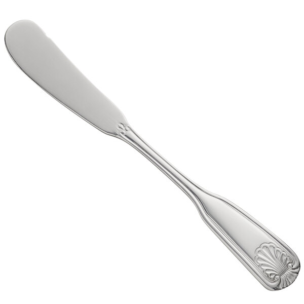 A World Tableware stainless steel butter spreader with a design on the handle.