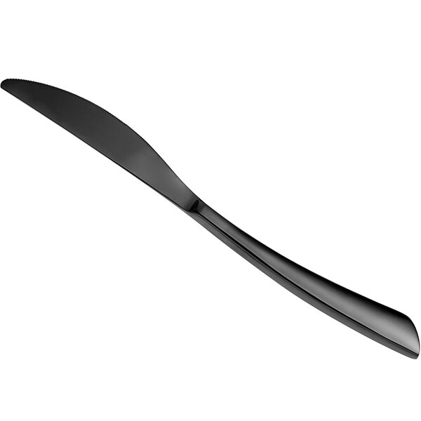 A black dinner knife with a handle on a white background.