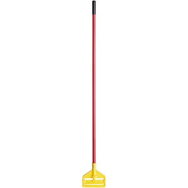 A red and yellow Rubbermaid mop handle with a side gate style.