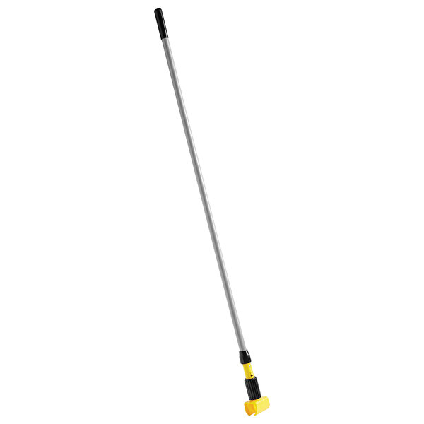 A long silver and yellow Rubbermaid mop handle with a yellow and black grip.