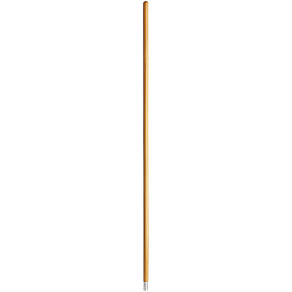 A Carlisle wooden mop handle with metal threads on a white background.