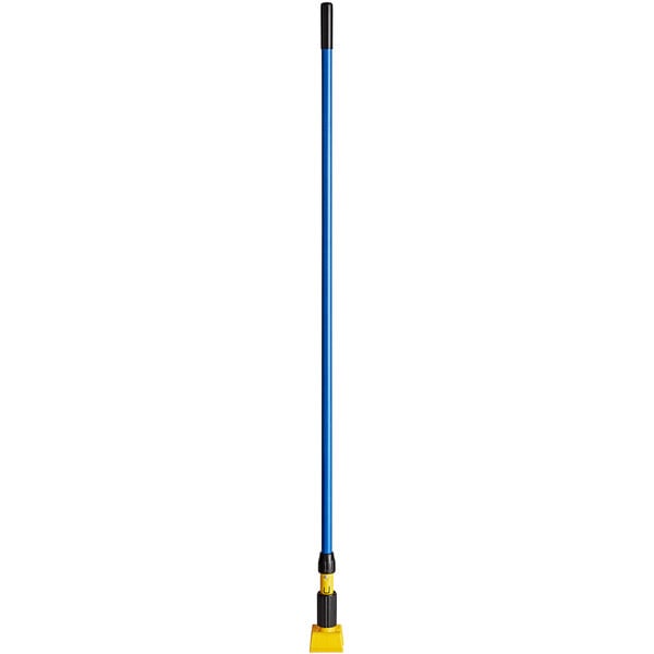 A blue Rubbermaid mop handle with a yellow jaw.