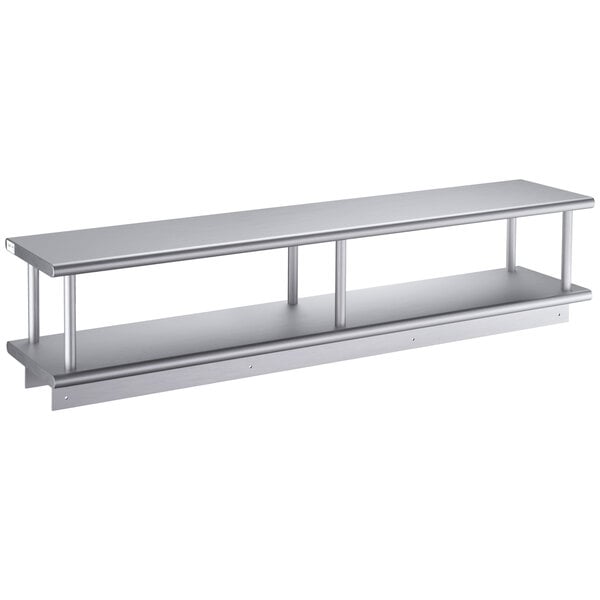 A long silver metal wall mount shelf with two shelves.