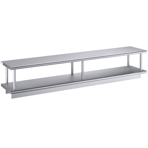 A long silver Regency stainless steel wall mounted pass-through shelf with two shelves.