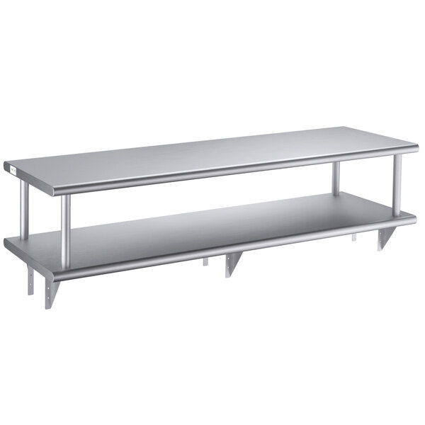A silver Regency stainless steel wall mount shelf with two shelves.