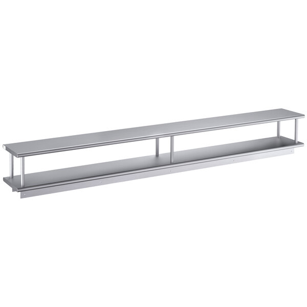 A long silver wall mount shelf with two shelves.