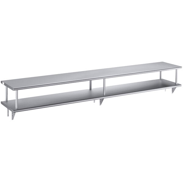 A long silver Regency stainless steel wall mount shelf with two shelves.