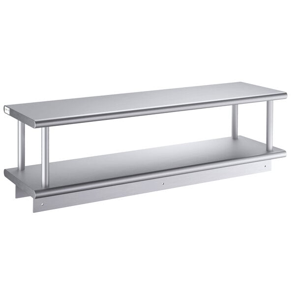 A silver Regency stainless steel wall mount shelf with two shelves on it.
